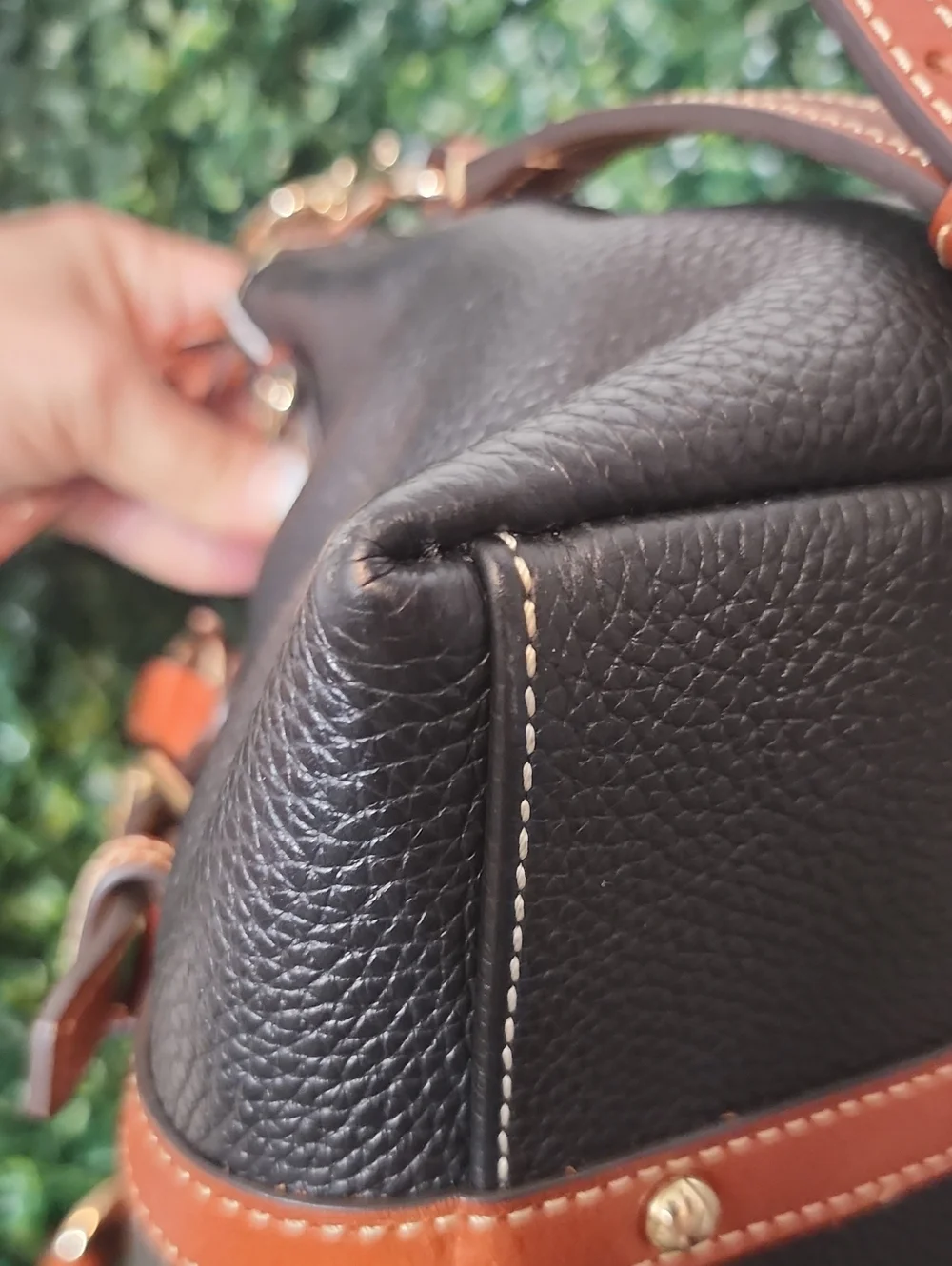 Dooney & Bourke Black Pebble Leather Satchel with Brown Trim